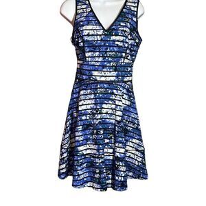 Banana Republic Women's Sleeveless Floral Stripes Blue Black Fit & Flare Dress 6